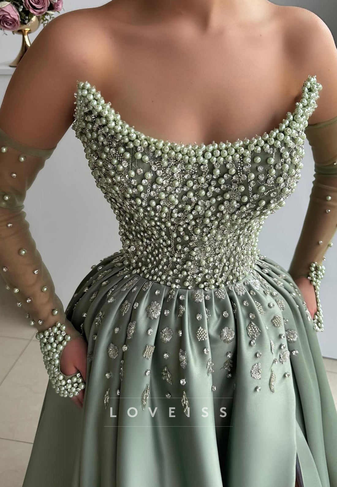 Off-Shoulder Sleeveless Beaded Pleated A-Line Prom Dress