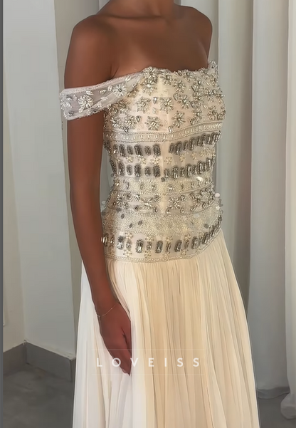 Off-Shoulder Sleeveless Beaded Pleated A-Line Prom Dress