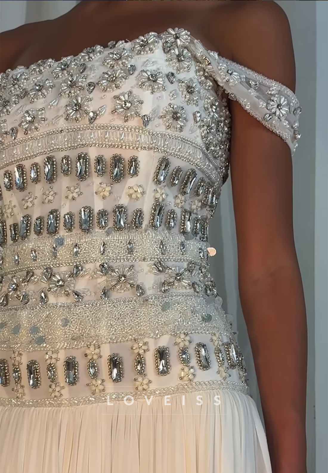 Off-Shoulder Sleeveless Beaded Pleated A-Line Prom Dress