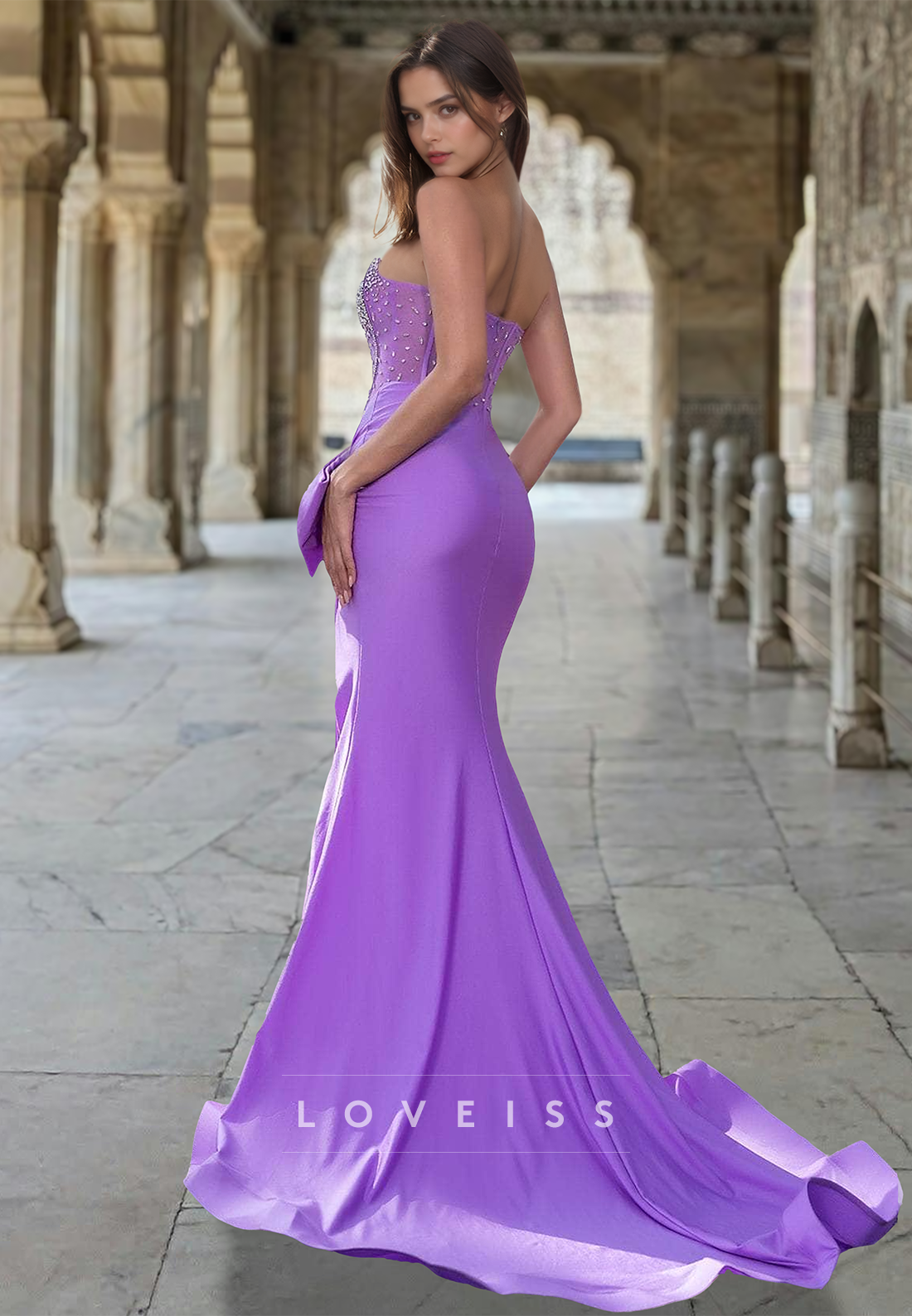 Off-Shoulder Sleeveless Beaded Pleated Bowknot High Slit Mermaid Prom Dress