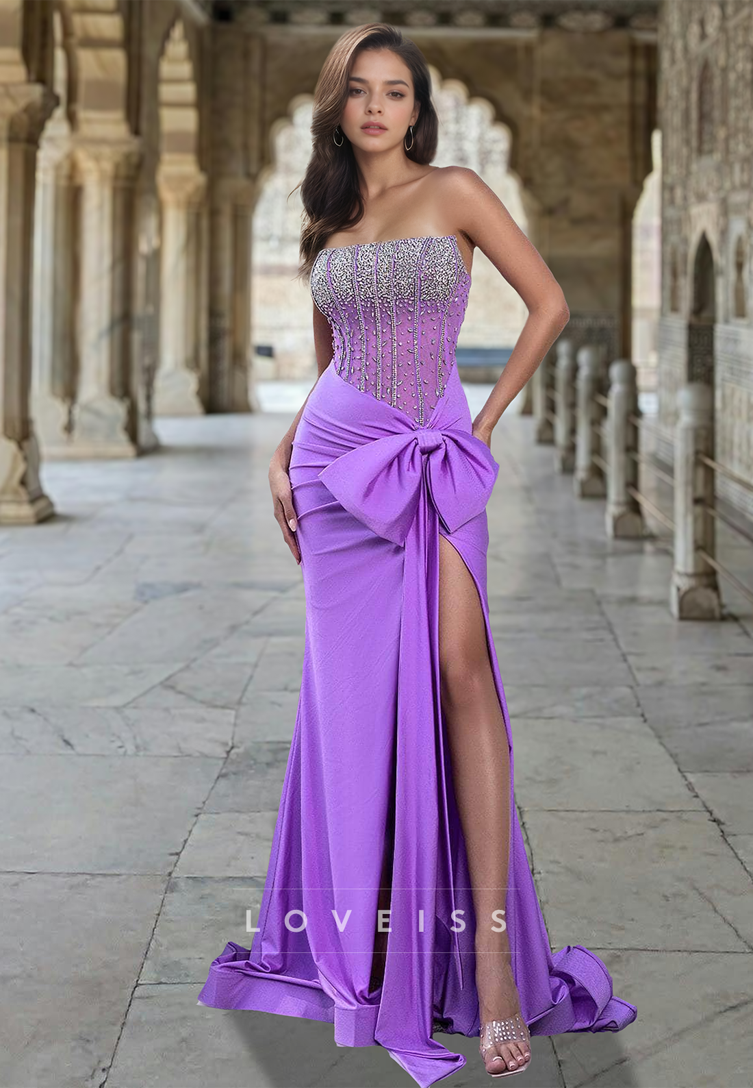 Off-Shoulder Sleeveless Beaded Pleated Bowknot High Slit Mermaid Prom Dress