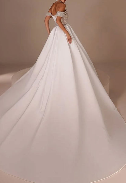Off-Shoulder Sleeveless Beaded Pleated Mermaid Wedding Dress