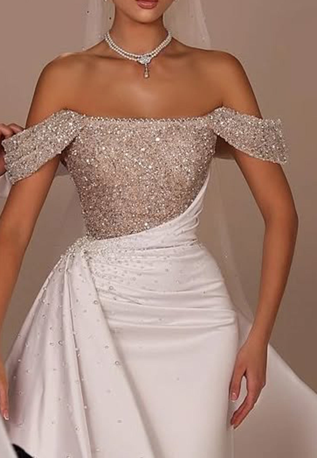Off-Shoulder Sleeveless Beaded Pleated Mermaid Wedding Dress