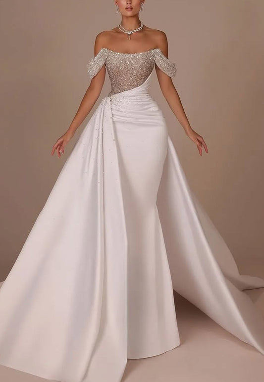 Off-Shoulder Sleeveless Beaded Pleated Mermaid Wedding Dress