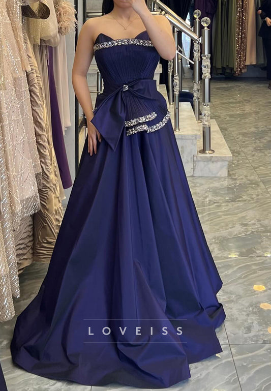 Off-Shoulder Sleeveless Beaded Pleated Satin A-Line Evening Dress