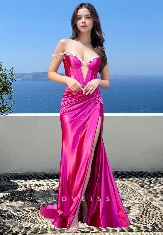 Off-Shoulder Sleeveless Beaded Ruched Sheath Prom Dress