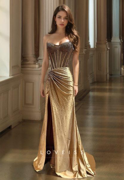 Off-Shoulder Sleeveless Beaded Ruched Side Slit Sheath Sparkly Prom Dress