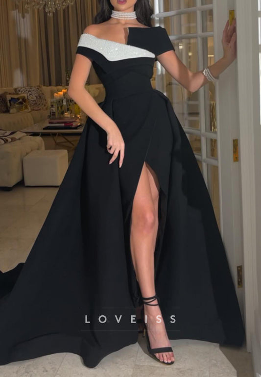 Off-Shoulder Sleeveless Beaded Sheath Detachable Train Evening Dress