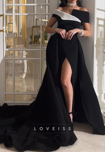 Off-Shoulder Sleeveless Beaded Sheath Detachable Train Evening Dress