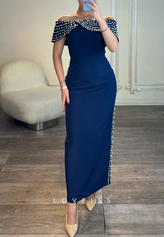 Off-Shoulder Sleeveless Beaded Sheath Formal Dress