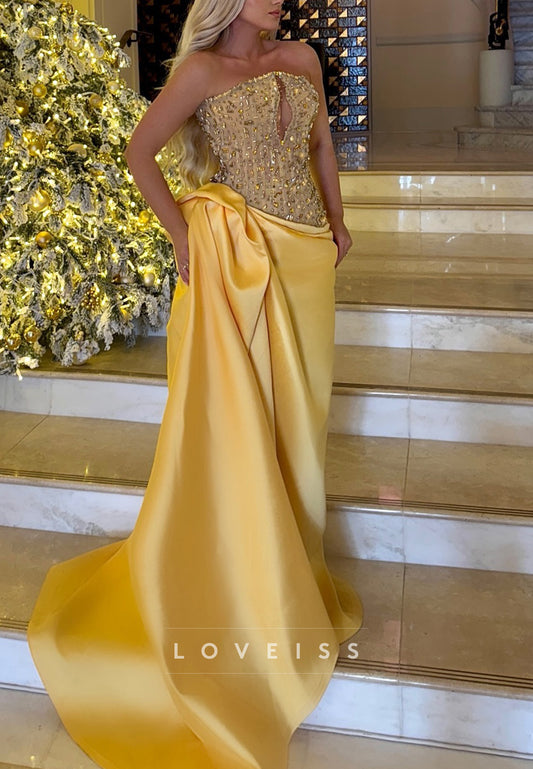 Off-Shoulder Sleeveless Beaded Sheath Sparkly Prom Dress