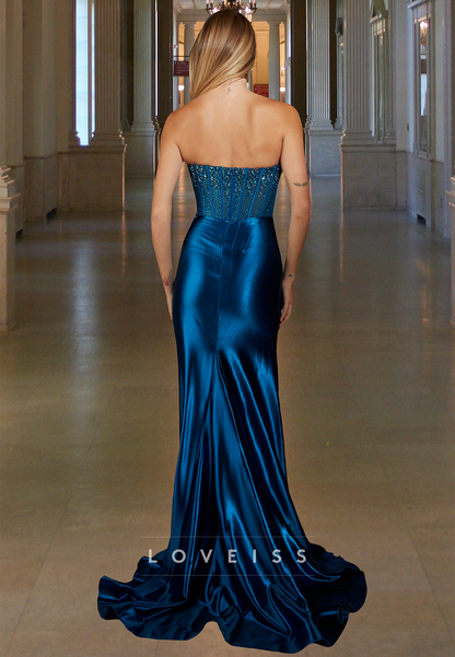 Off-Shoulder Sleeveless Beaded Side Slit Sleek Sheath Prom Dress