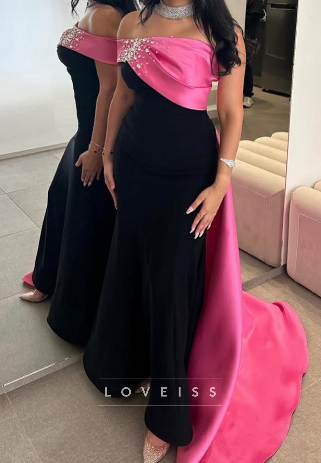 Off-Shoulder Sleeveless Beaded Sleek Mermaid Evening Dress
