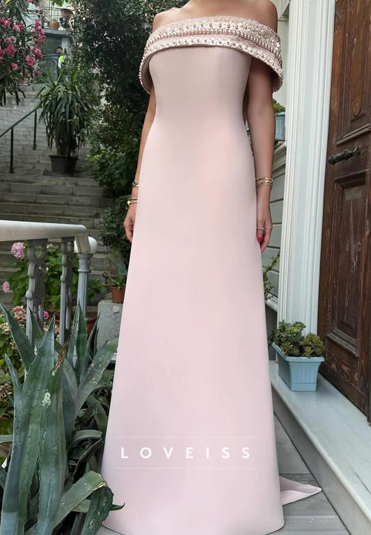 Off-Shoulder Sleeveless Beaded Sleek Sheath Evening Dress