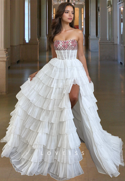 Off-Shoulder Sleeveless Beaded Tiered A-Line Prom Dress