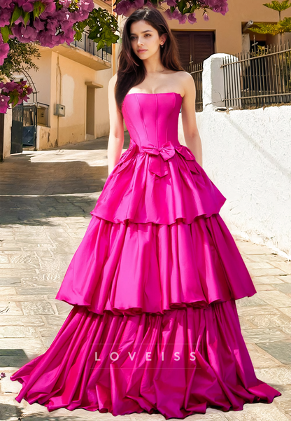 Off-Shoulder Sleeveless Bowknots Tiered A-Line Prom Dress