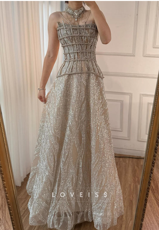 Off-Shoulder Sleeveless Corset Beaded Embroidery A-Line Prom Dress