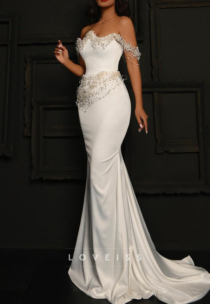 Off-Shoulder Sleeveless Fitted Pearl Mermaid Wedding Dress