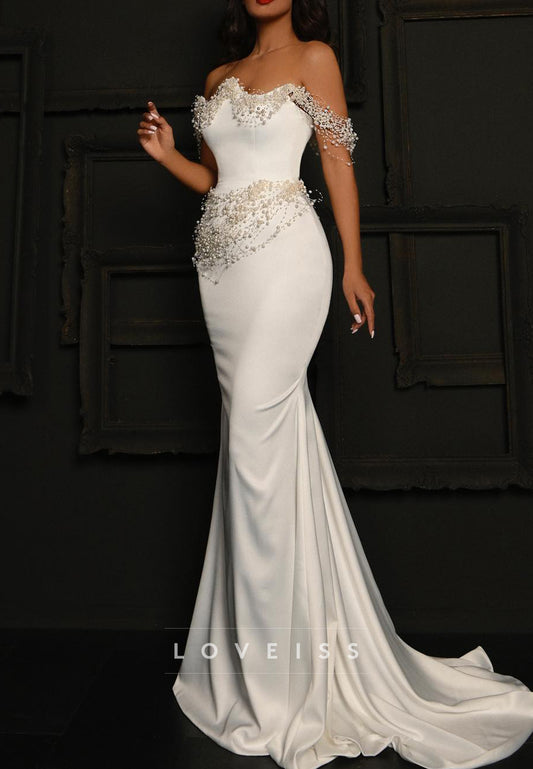 Off-Shoulder Sleeveless Fitted Pearl Mermaid Wedding Dress