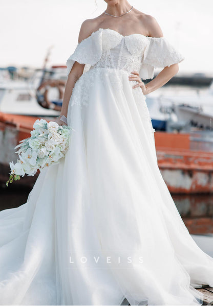 Off-Shoulder Sleeveless Floral Appliques A-Line Wedding Dress