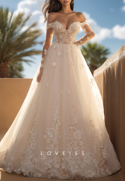 Off-Shoulder Sleeveless Floral Appliques A-Line Wedding Dress