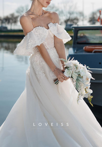 Off-Shoulder Sleeveless Floral Appliques A-Line Wedding Dress