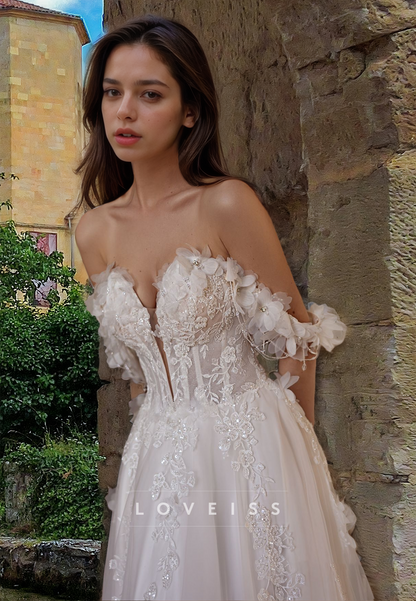 Off-Shoulder Sleeveless Floral Appliques A-Line Wedding Dress