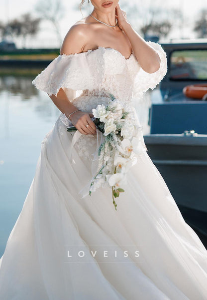 Off-Shoulder Sleeveless Floral Appliques A-Line Wedding Dress