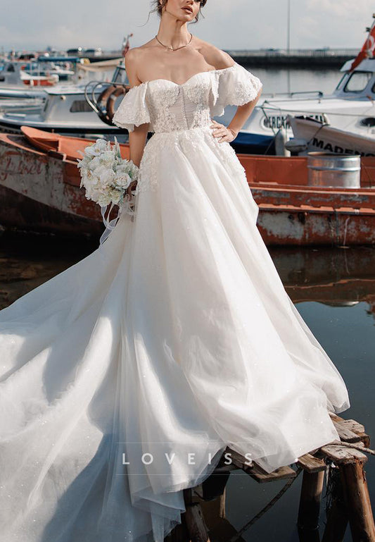 Off-Shoulder Sleeveless Floral Appliques A-Line Wedding Dress