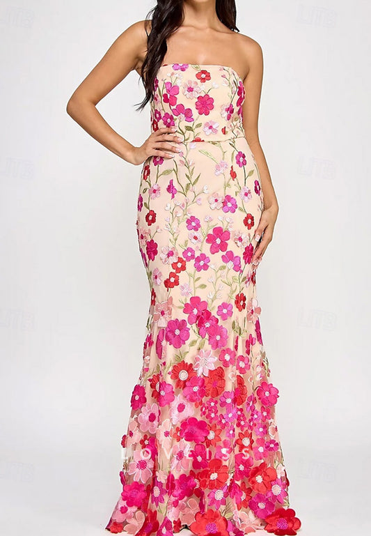 Off-Shoulder Sleeveless Floral Appliques Mermaid Evening Dress