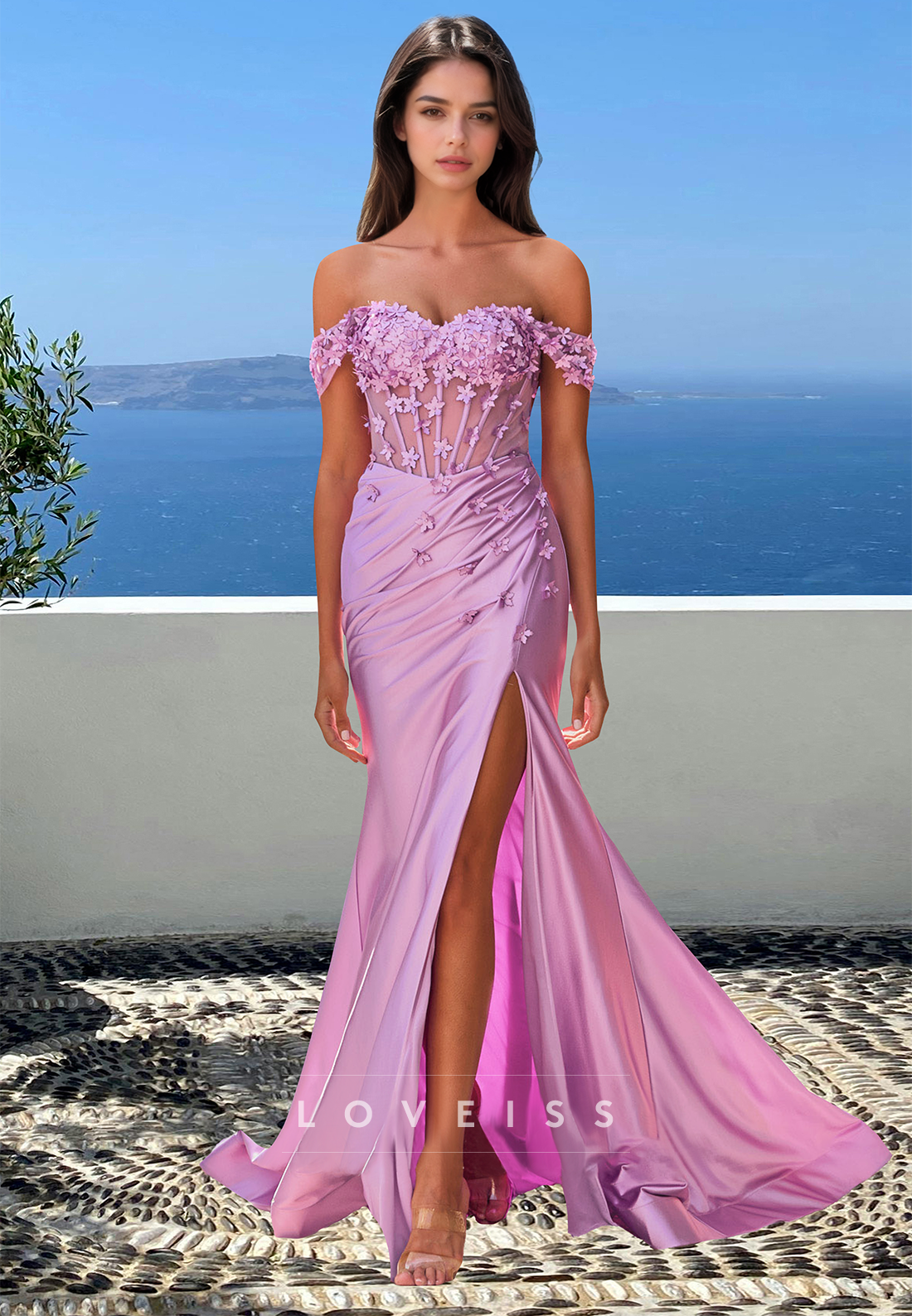 Off-Shoulder Sleeveless Floral Appliques Pleated Mermaid Prom Dress