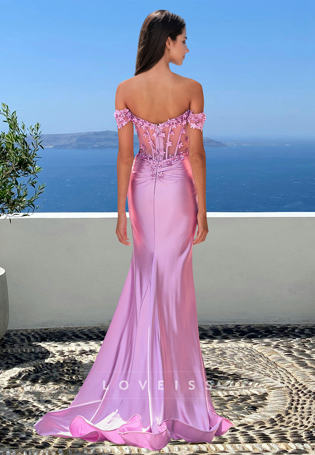 Off-Shoulder Sleeveless Floral Appliques Pleated Mermaid Prom Dress