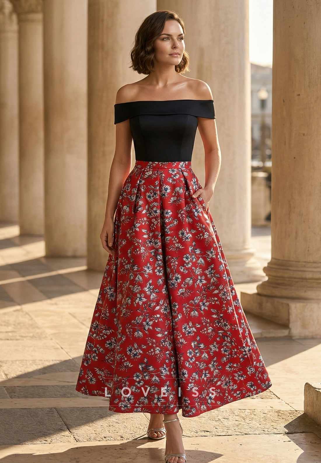 Off-Shoulder Sleeveless Floral Printed A-Line Mother of Bride Dress