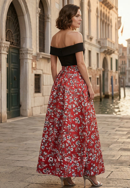 Off-Shoulder Sleeveless Floral Printed A-Line Mother of Bride Dress