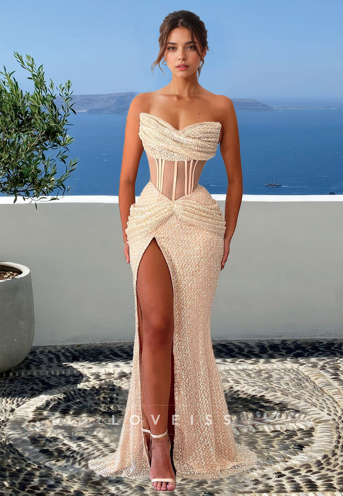 Off-Shoulder Sleeveless High Slit Sheer Mermaid Prom Formal Dress