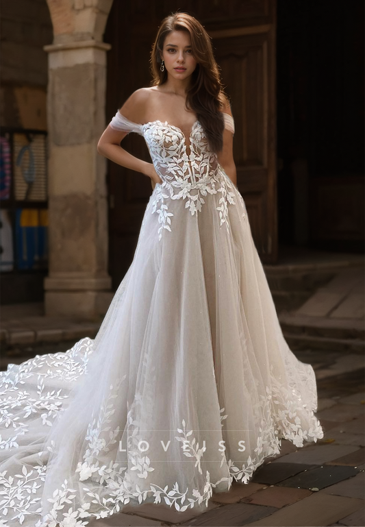 Off-Shoulder Sleeveless Lace Appliques A-Line Wedding Dress