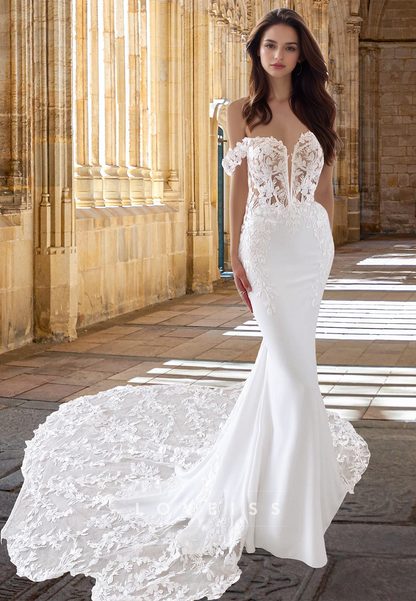 Off-Shoulder Sleeveless Lace Appliques Mermaid Wedding Dress