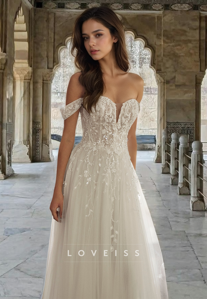 Off-Shoulder Sleeveless Lace Appliques Tulle A-Line Wedding Dress