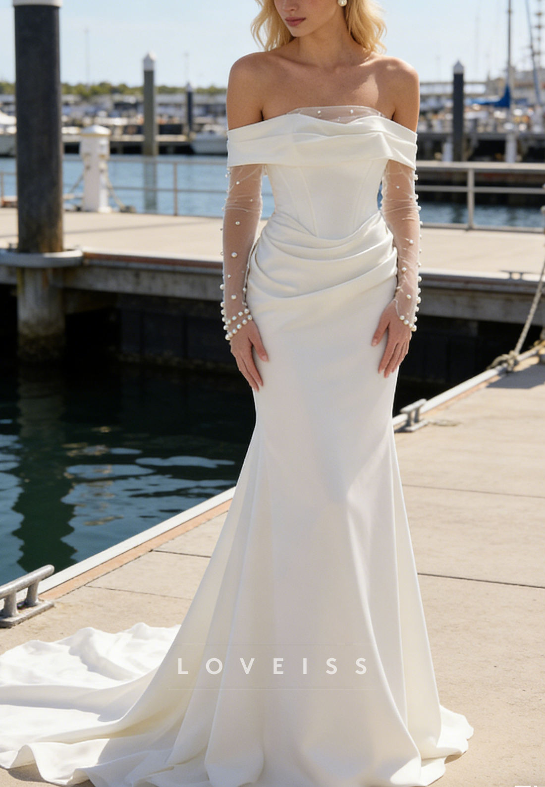 Off-Shoulder Sleeveless Mermaid Wedding Dress with Pearl Gloves