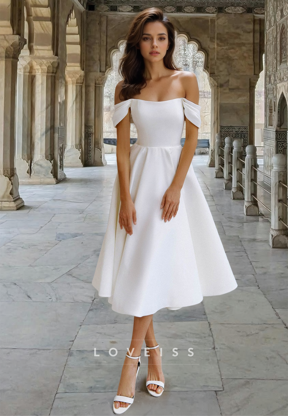 Off-Shoulder Sleeveless Pleated A-Line Beach Wedding Dress