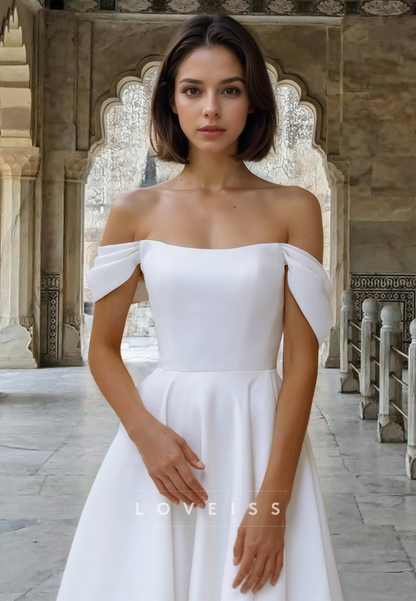 Off-Shoulder Sleeveless Pleated A-Line Beach Wedding Dress