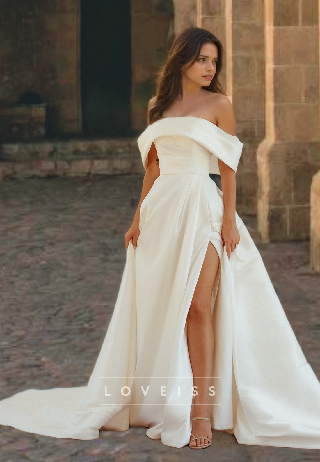 Off-Shoulder Sleeveless Pleated A-Line High Slit Wedding Dress