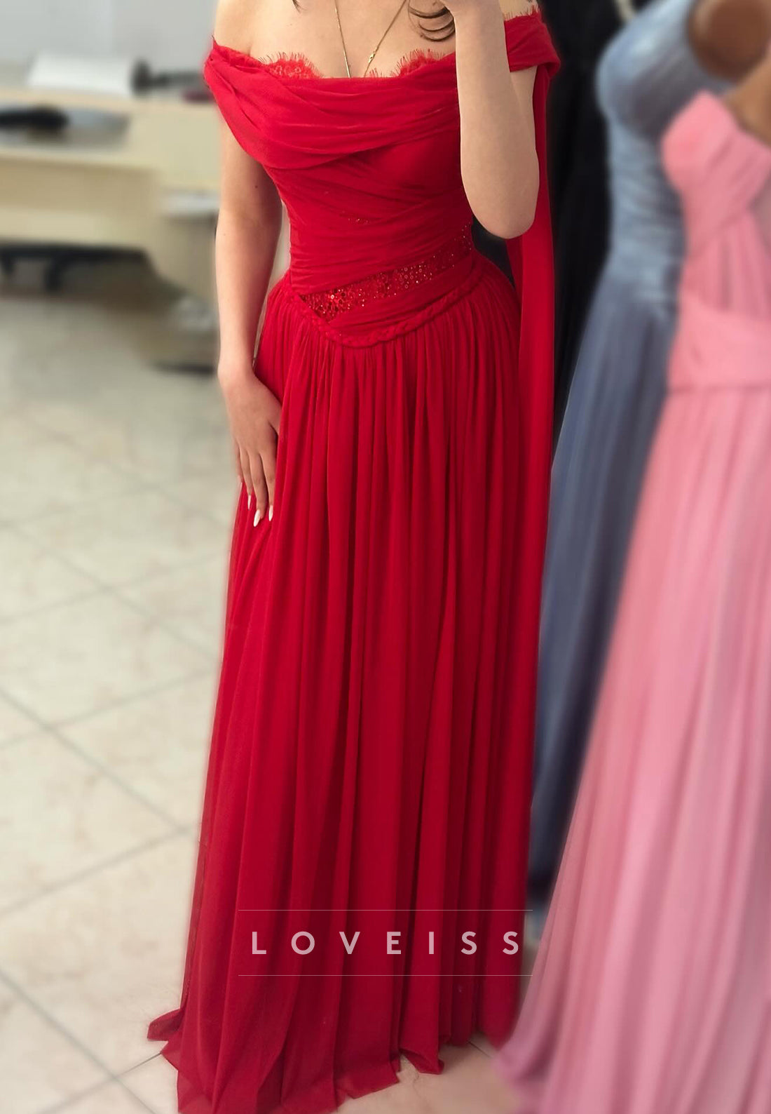 Off-Shoulder Sleeveless Pleated A-Line Prom Dress