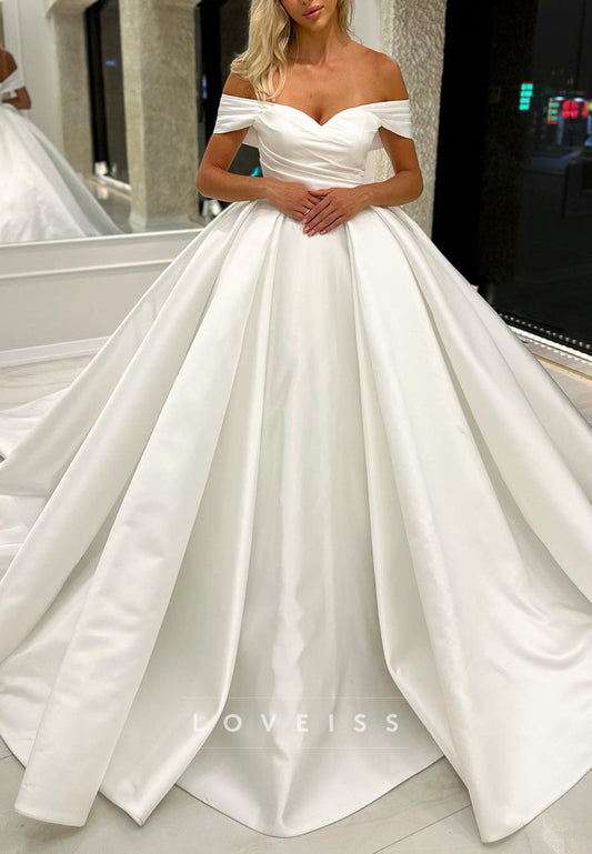 Off-Shoulder Sleeveless Pleated A-Line Satin Wedding Dress
