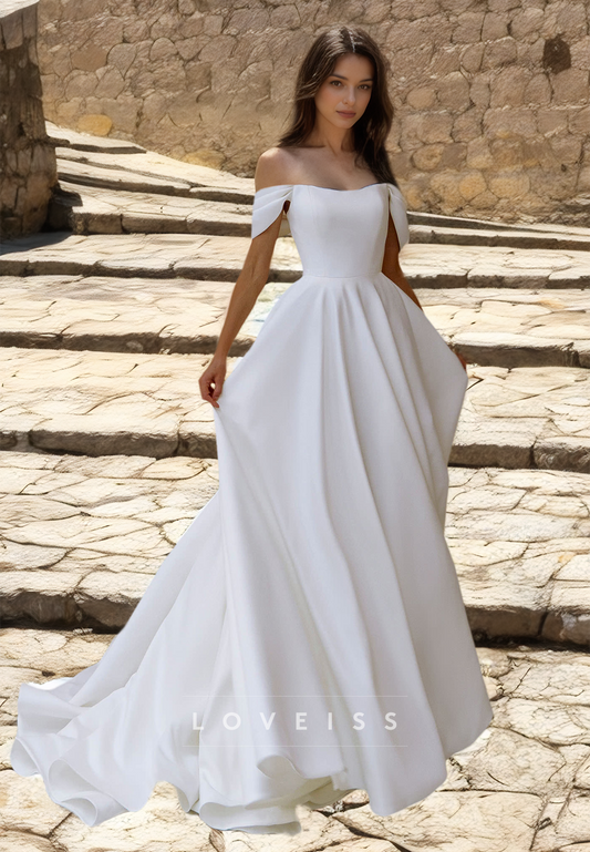 Off-Shoulder Sleeveless Pleated A-Line Wedding Dress