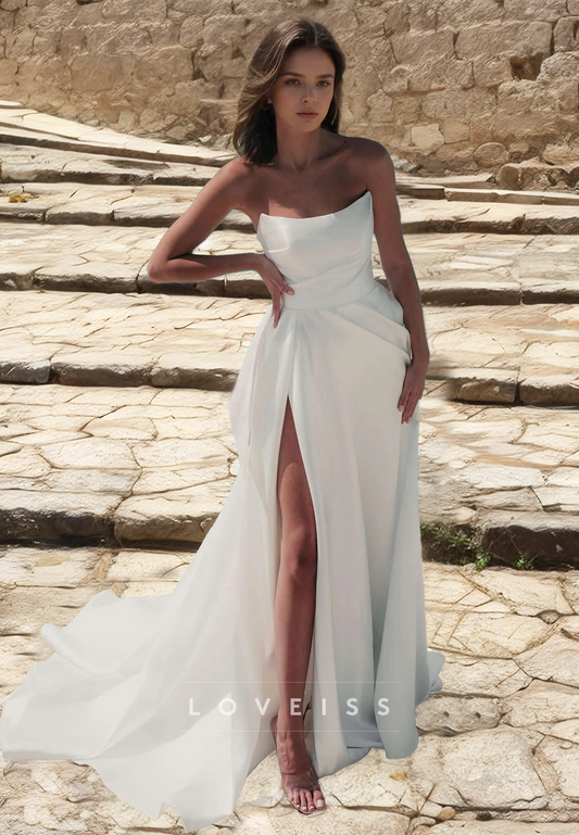 Off-Shoulder Sleeveless Pleated Bowknot Satin A-Line Beach Wedding Dress