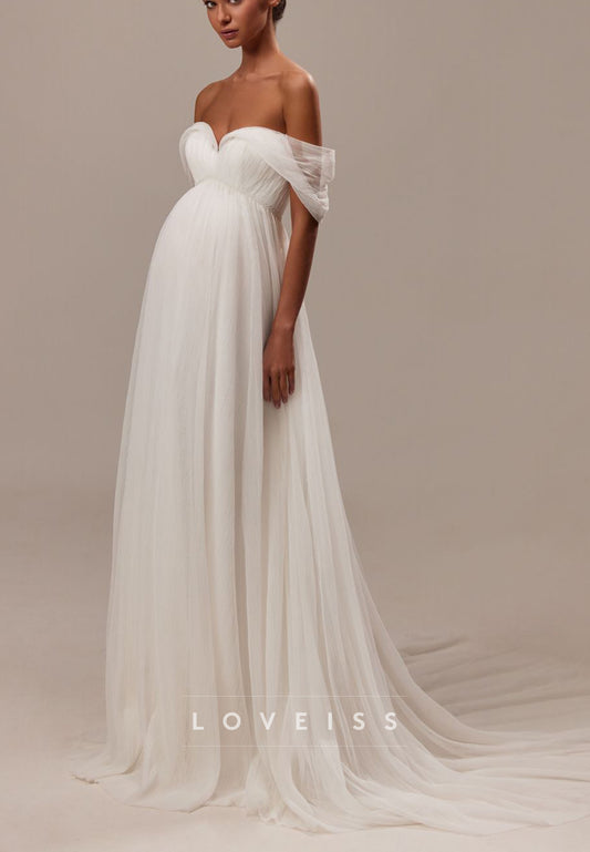 Off-Shoulder Sleeveless Pleated Empire Waist A-Line Wedding Dress