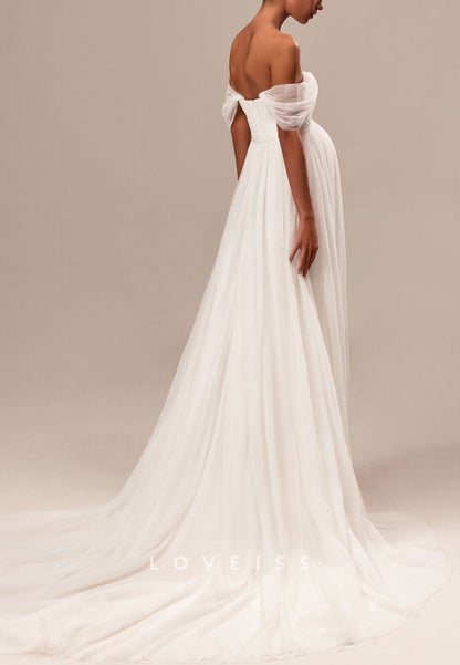 Off-Shoulder Sleeveless Pleated Empire Waist A-Line Wedding Dress