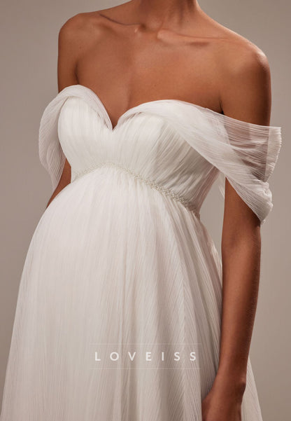 Off-Shoulder Sleeveless Pleated Empire Waist A-Line Wedding Dress