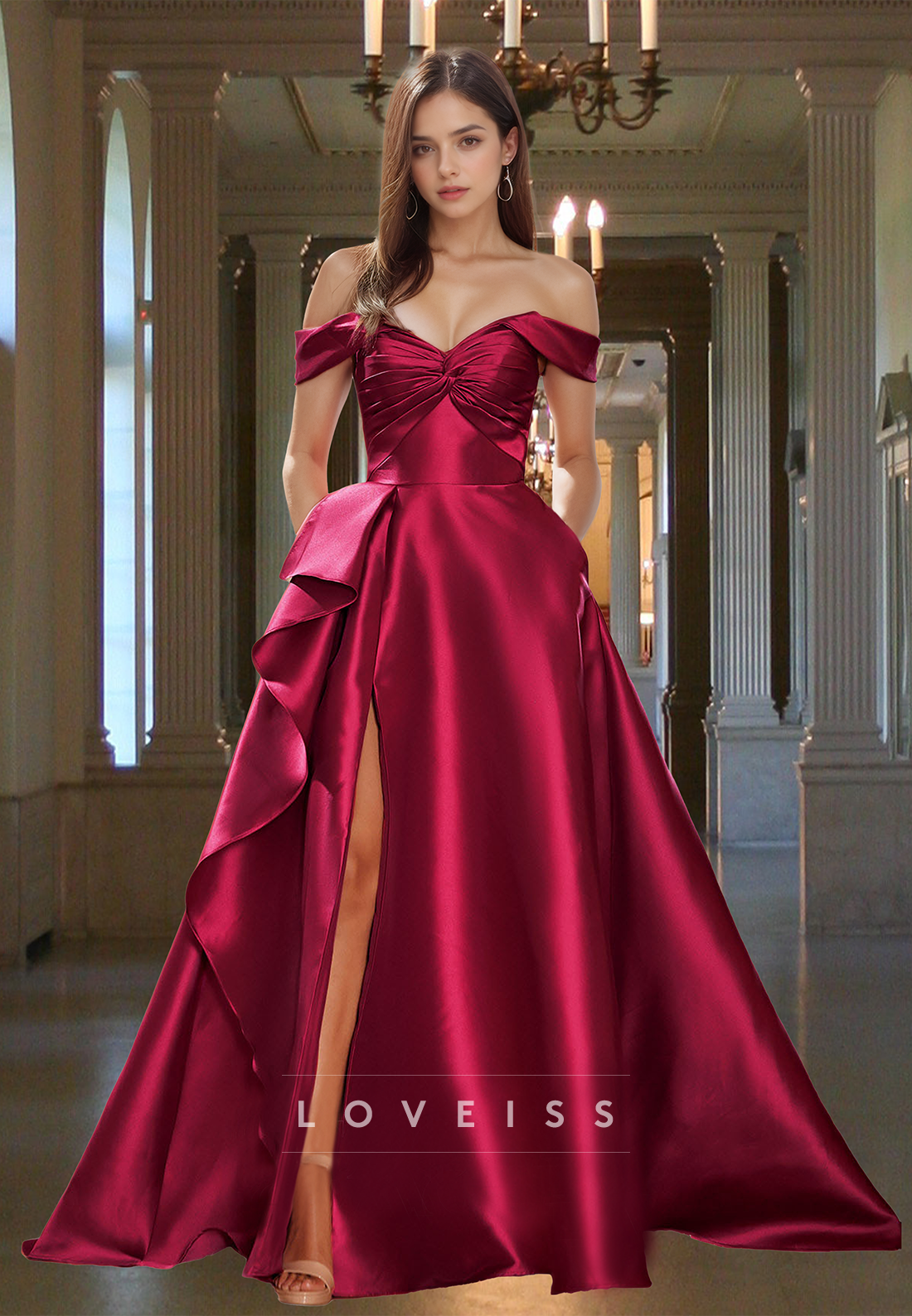 Off-Shoulder Sleeveless Pleated Ruffled A-Line Prom Dress